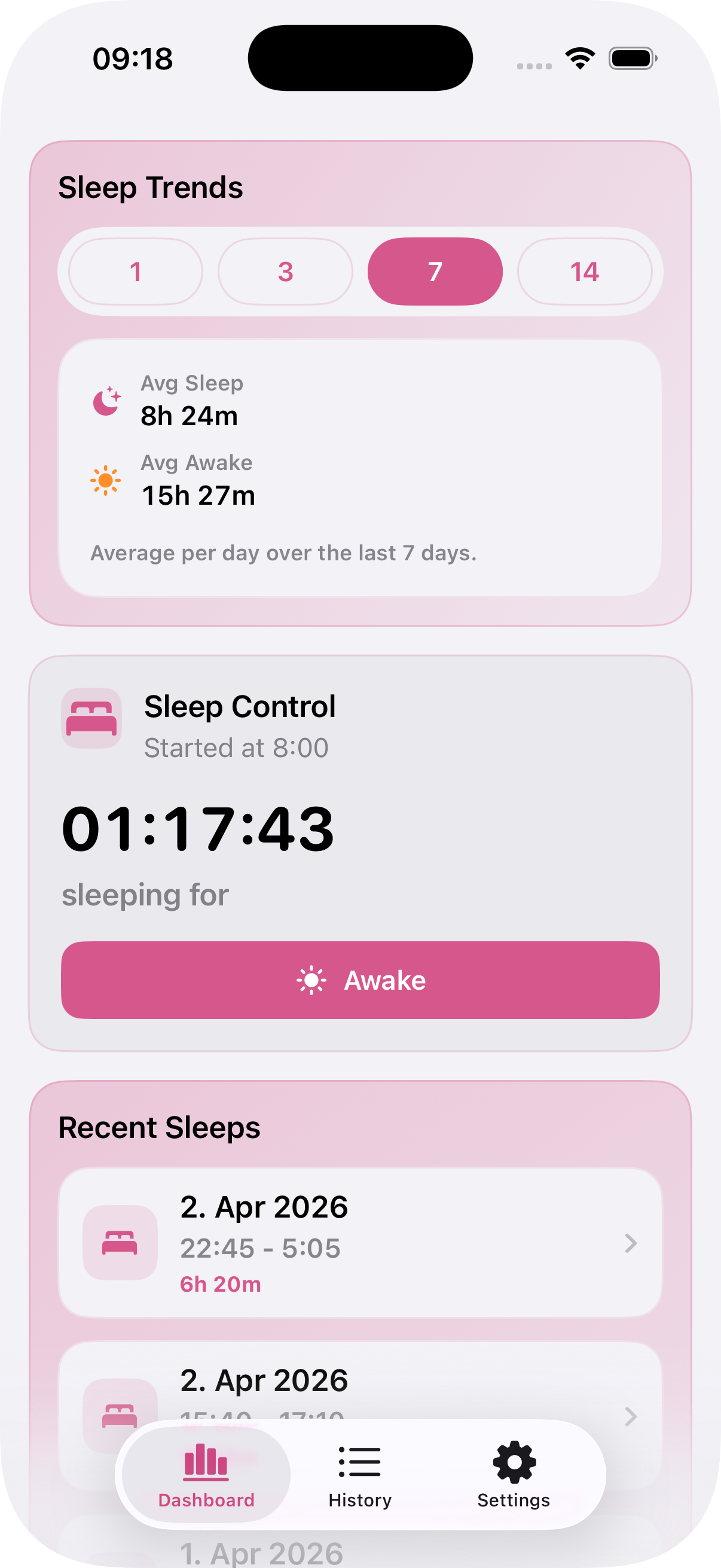 Sleep Timer app screens showing sleep controls and trends