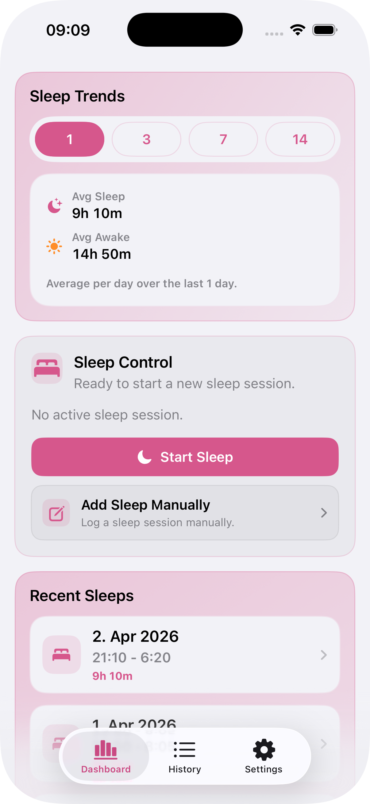 Dashboard showing sleep trends and start sleep controls