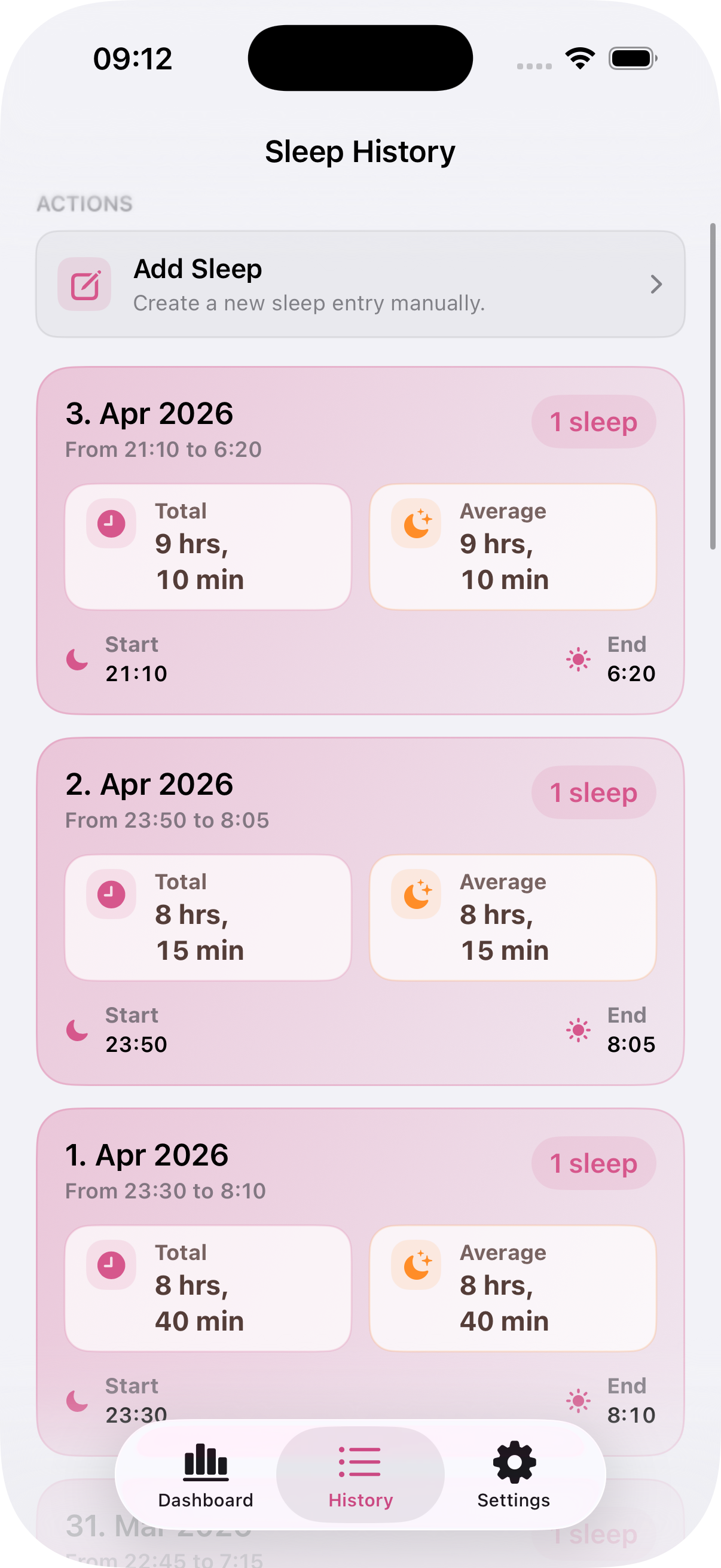 Sleep history grouped by day with summary cards