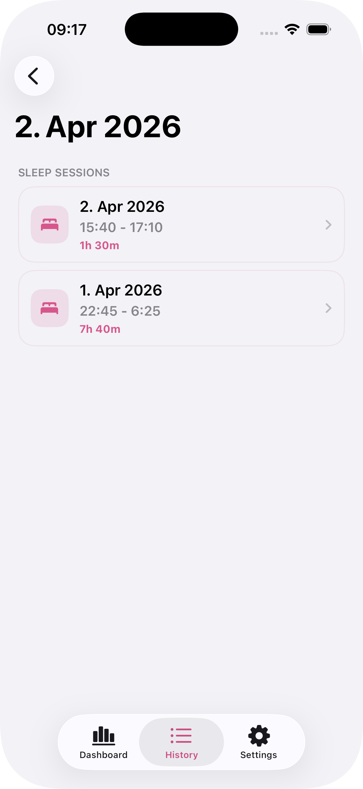 Detailed day view listing all sleep sessions